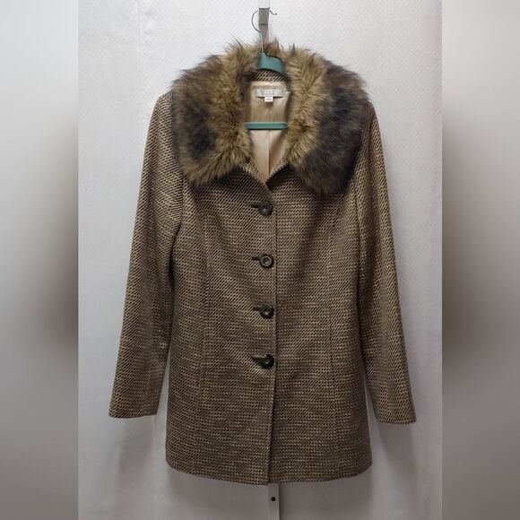 Caslon Tweed Coat w Removable Faux Fur Collar Sz L - Picture 1 of 12
